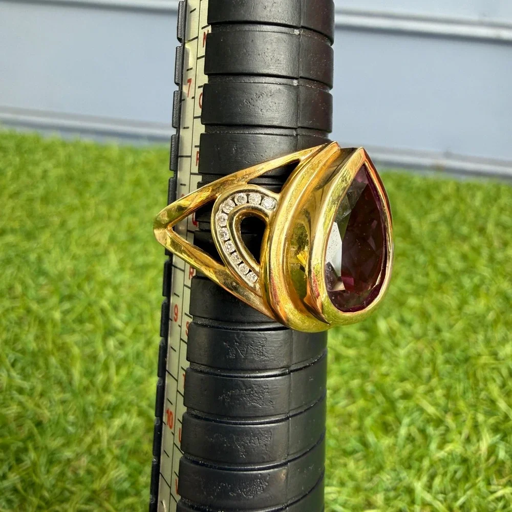 Vintage 10K Yellow Gold Pear Cut‎ Purple Amethyst Statement Cocktail Ring Size 8